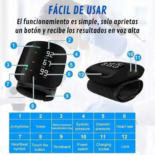 Tensiómetro Digital de muñeca con voz, recargable