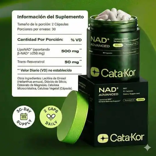 Cata-Kor Liposomal NAD+ Rejuvenece toda la piel, aumenta la energía celular y te hace sentir más joven