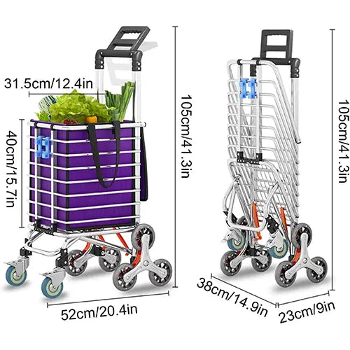 Transporta tus compras por escaleras en minutos y menos esfuerzo, usando su sistema de ruedas giratorias diseñado para avanzar escalón por escalón sin complicaciones.