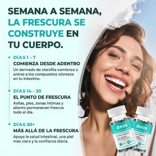 Controla el mal olor corporal con una fórmula de clorofilina de acción interna, sin cremas, sin sprays y con una rutina tan simple como tomar 1 cápsula diaria.
