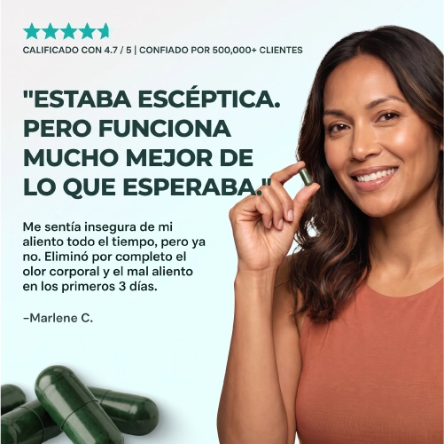 Controla el mal olor corporal con una fórmula de clorofilina de acción interna, sin cremas, sin sprays y con una rutina tan simple como tomar 1 cápsula diaria.