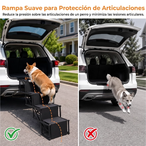 Evita que tu perro tenga que saltar para subir al carro, la cama o el sofá: despliega en segundos y dale una subida más fácil y estable con sus 4 escalones reforzados.