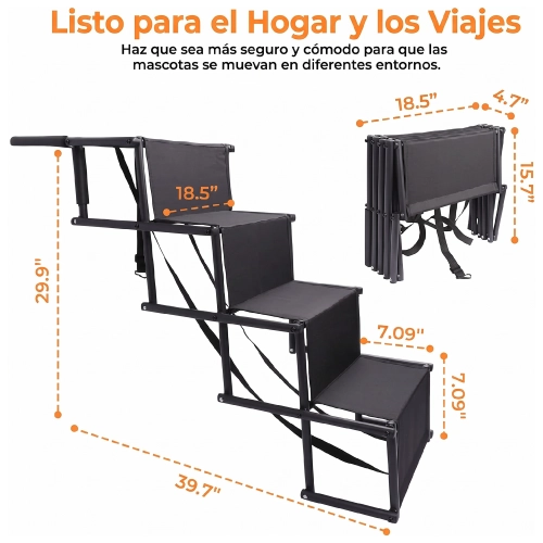 Evita que tu perro tenga que saltar para subir al carro, la cama o el sofá: despliega en segundos y dale una subida más fácil y estable con sus 4 escalones reforzados.