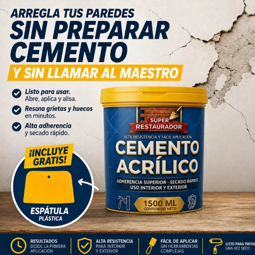 Repara grietas, huecos e imperfecciones desde la primera aplicación con cemento acrílico de alta adherencia, listo para usar en minutos y sin preparar mezclas ni llamar a un maestro.