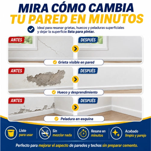 Repara grietas, huecos e imperfecciones desde la primera aplicación con cemento acrílico de alta adherencia, listo para usar en minutos y sin preparar mezclas ni llamar a un maestro.