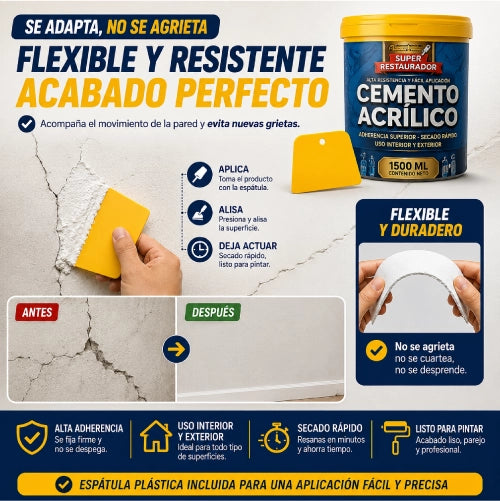 Repara grietas, huecos e imperfecciones desde la primera aplicación con cemento acrílico de alta adherencia, listo para usar en minutos y sin preparar mezclas ni llamar a un maestro.