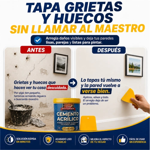 Repara grietas, huecos e imperfecciones desde la primera aplicación con cemento acrílico de alta adherencia, listo para usar en minutos y sin preparar mezclas ni llamar a un maestro.