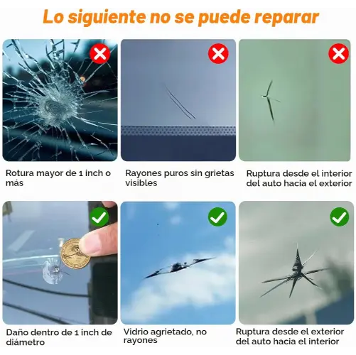 Repara golpes, estrellas y fisuras del parabrisas en minutos con resina de alta penetración y sistema de inyección a presión, sin desmontar el vidrio ni usar herramientas complicadas