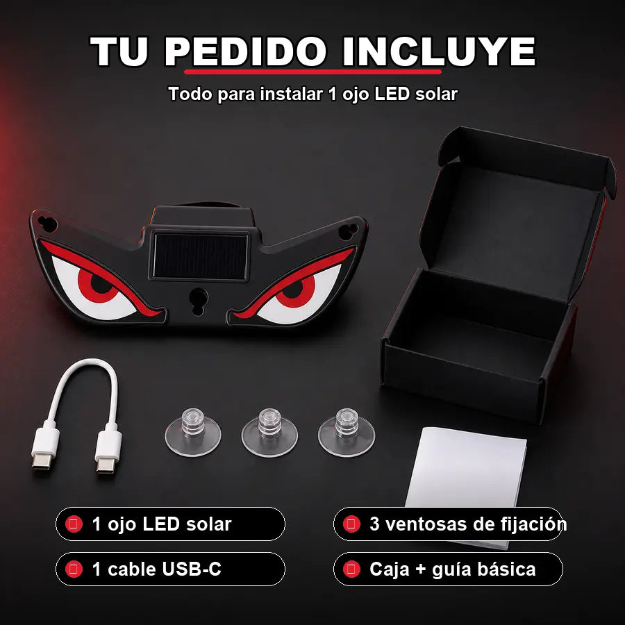Ojos LED Solar para carro y moto: mirada agresiva, carga solar, independientes y con ventosas ultraresistentes